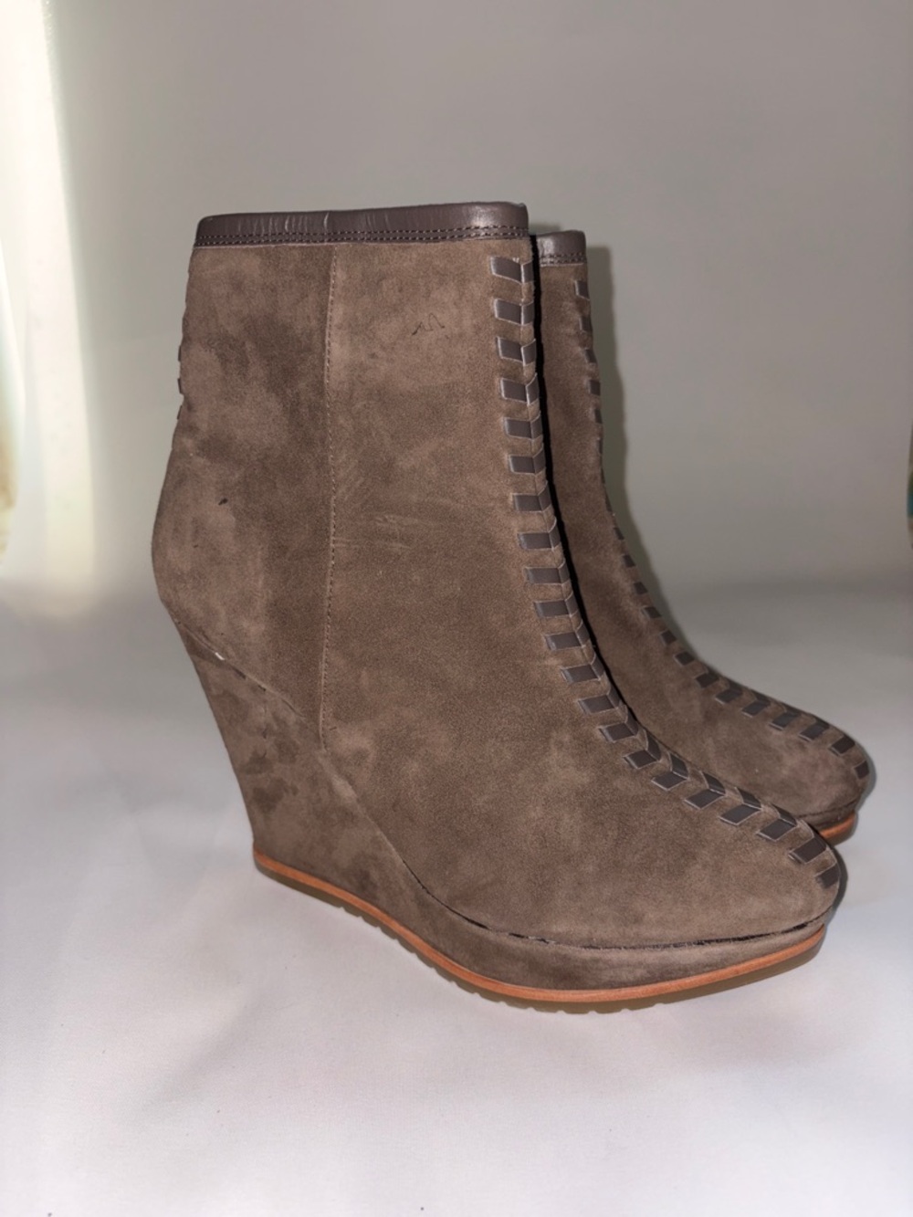 Isola Zurich Brown Suede Wedge Ankle Boots with Braided Trim Size 8.5